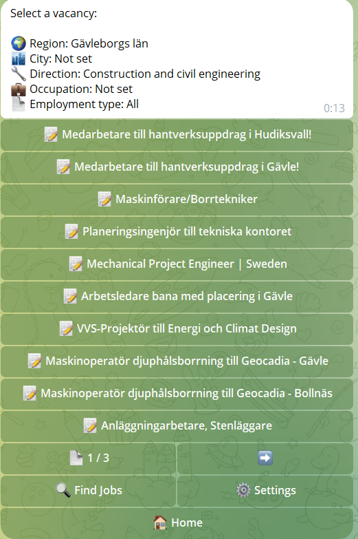 Telegram Job Search Bot (Sweden) — Vacancies, Filters, Favorites & Multilingual UI